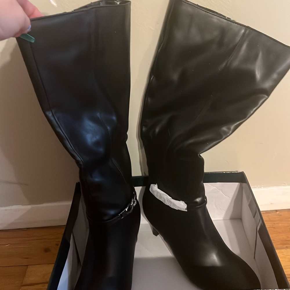 Karen Scott Hanna tall boots with approx 2” heel and chain embel